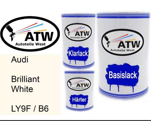 Audi, Brilliant White, LY9F / B6: 500ml Lackdose + 500ml Klarlack + 250ml Härter - Set, von ATW Autoteile West.